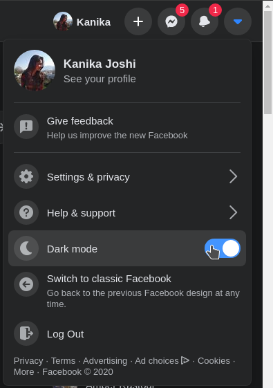 enable dark mode in new Facebook