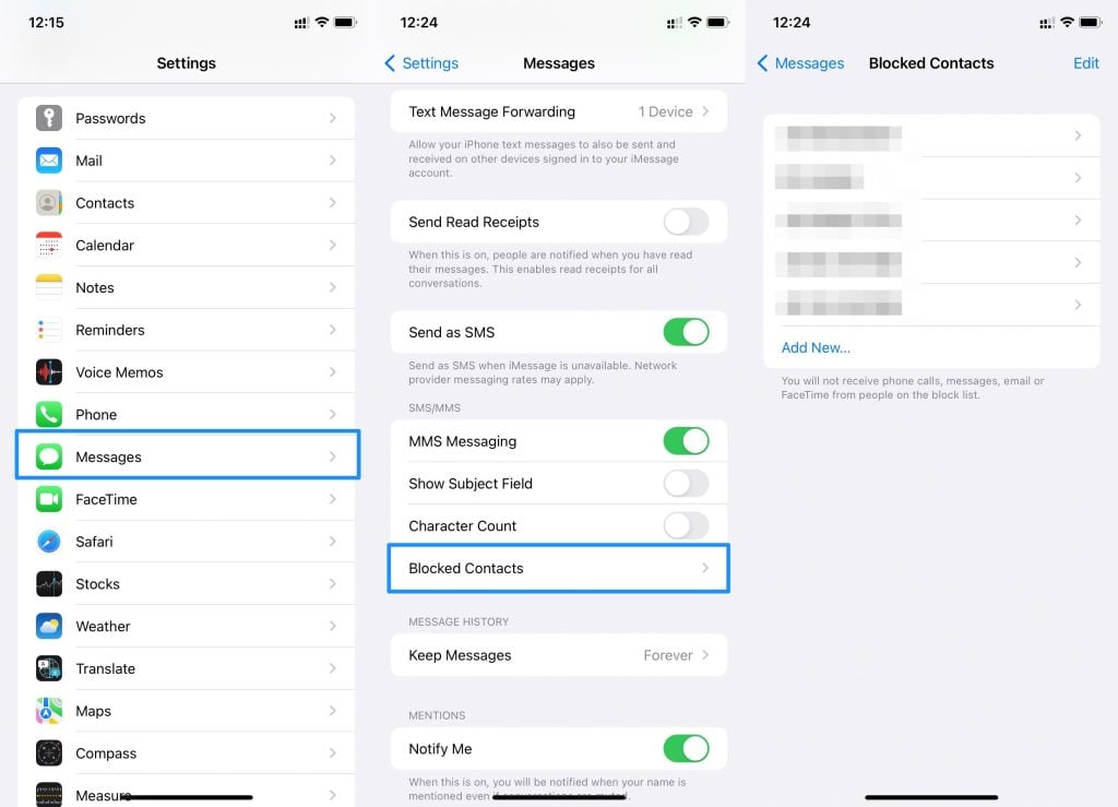 См. заблокированные номера на iPhone - не получайте текстовые уведомления на iPhone